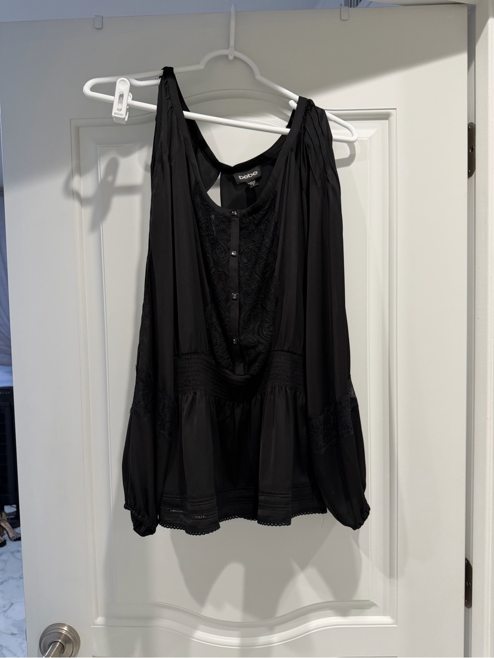 bebe Black Lace-Trim Sleeveless Peasant Tunic